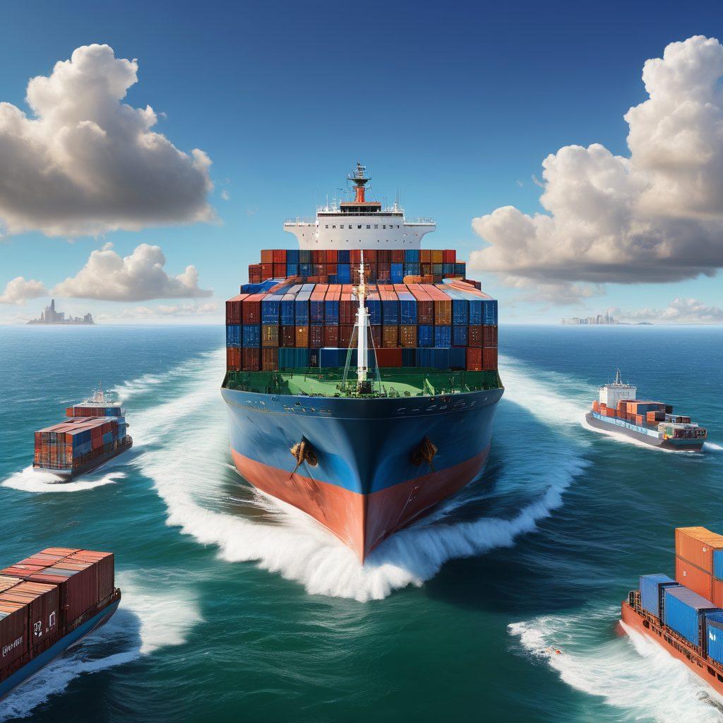 A serene seascape featuring a cargo ship navigating through gentle waves under a clear blue sky. The ship is adorned with various insurance symbols like shields and locks, representing protection. In the foreground, a diverse group of people enthusiastically discussing shipping routes and cargo safety, surrounded by cargo containers and paperwork. The vibrant colors enhance the scene's liveliness and professionalism. super-realistic. vibrant colors. white background.