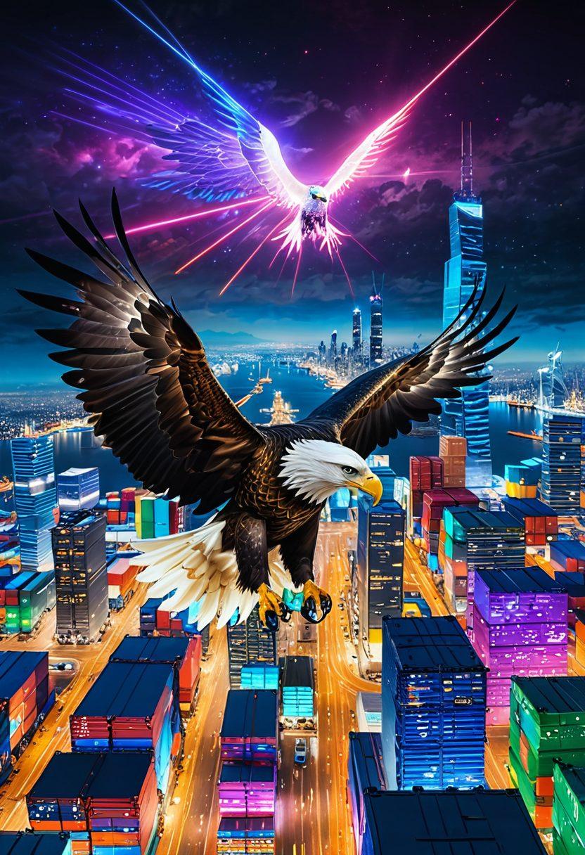 A majestic eagle soaring over a digital landscape filled with cargo containers and satellite imagery, symbolizing logistics and protection strategies. Incorporate a sleek, futuristic city skyline in the background, with vibrant data streams and icons representing digital navigation. The eagle should appear dominant and wise, showcasing its significance in the logistics world. Use bright, vibrant colors to create an engaging scene. super-realistic. vibrant colors.