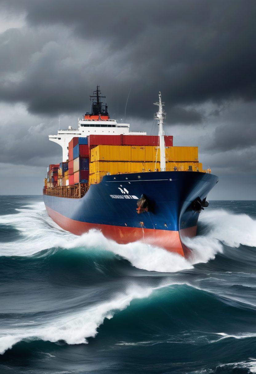 A vivid illustration of a cargo ship navigating through stormy waters, symbolizing the journey of freight. Include icons of insurance policies and protection symbols floating above the ship to represent marine insurance. The background features a coastline with ports under a dramatic sky, emphasizing risk and safety. The color scheme should be dynamic, blending blues and grays with hints of bright yellow for contrast. super-realistic. vibrant colors.